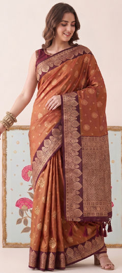 Beige and Brown color Saree in Silk fabric with Weaving work