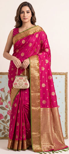 Pink and Majenta color Saree in Silk fabric with Weaving work