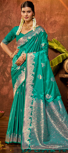 Green color Saree in Satin Silk fabric with Weaving work