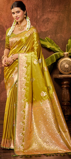 Yellow color Saree in Satin Silk fabric with Weaving work
