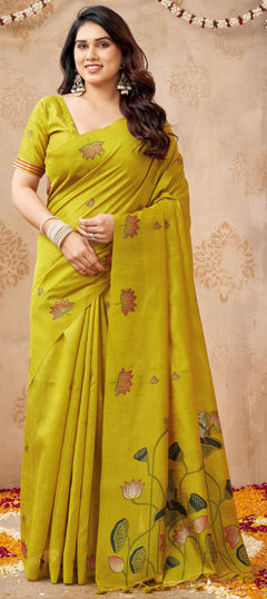 Green color Saree in Linen fabric with Weaving work