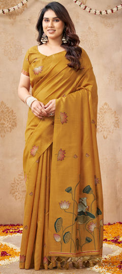Yellow color Saree in Linen fabric with Weaving work