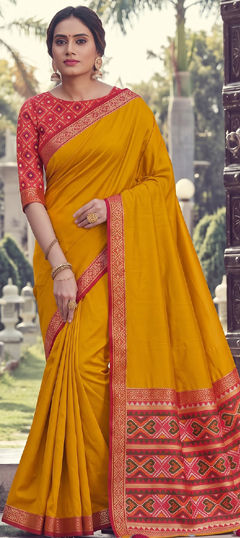 Yellow color Saree in Silk fabric with Printed work
