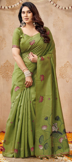 Green color Saree in Linen fabric with Weaving work
