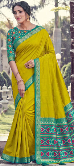 Yellow color Saree in Silk fabric with Printed work