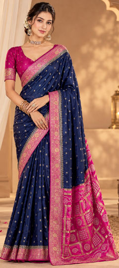 Blue color Saree in Satin Silk fabric with Printed, Weaving, Zari work