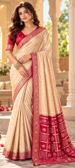 Beige and Brown color Saree in Satin Silk fabric with Printed, Weaving, Zari work