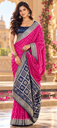 Pink and Majenta color Saree in Satin Silk fabric with Printed, Weaving, Zari work