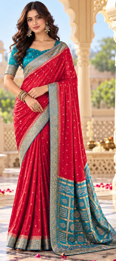 Red and Maroon color Saree in Satin Silk fabric with Printed, Weaving, Zari work