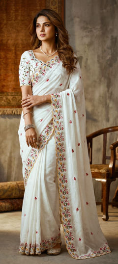 White and Off White color Saree in Crushed Silk fabric with Embroidered, Sequence work