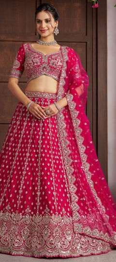 Pink and Majenta color Lehenga in Net fabric with Bugle Beads, Embroidered, Sequence, Stone, Zari work