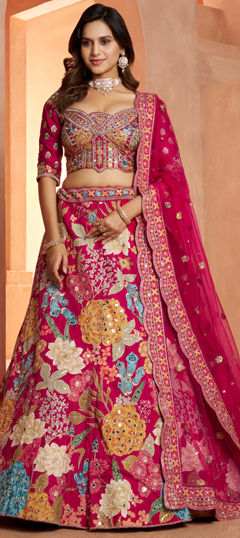 Pink and Majenta color Lehenga in Silk fabric with Embroidered, Mirror, Printed, Sequence work
