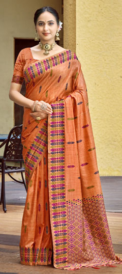 Beige and Brown color Saree in Silk fabric with Weaving work
