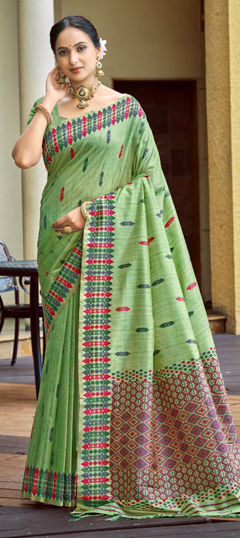 Green color Saree in Silk fabric with Weaving work