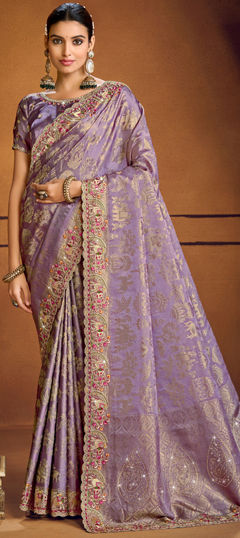 Purple and Violet color Saree in Silk fabric with Embroidered, Sequence, Thread, Zari work