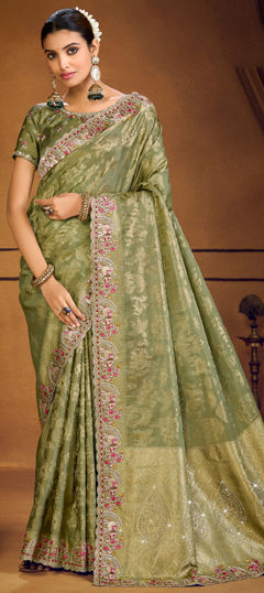 Green color Saree in Silk fabric with Embroidered, Sequence, Thread, Zari work