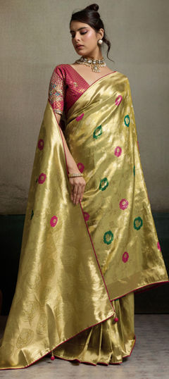 Green color Saree in Tissue fabric with Embroidered, Sequence, Thread, Zari work
