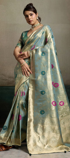 Blue color Saree in Tissue fabric with Embroidered, Sequence, Thread, Zari work