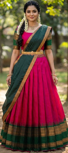 Green, Pink and Majenta color Lehenga in Silk fabric with Embroidered work