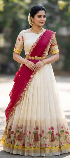 Pink and Majenta, White and Off White color Lehenga in Silk fabric with Embroidered work