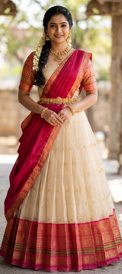 Pink and Majenta, White and Off White color Lehenga in Silk fabric with Embroidered, Weaving, Zari work
