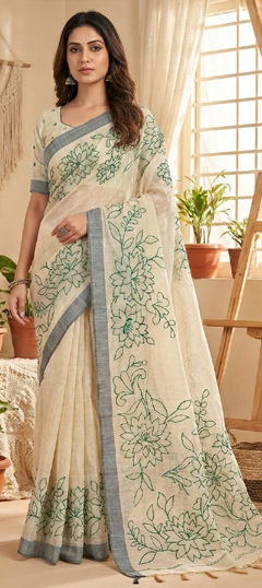 Green, White and Off White color Saree in Cotton fabric with Weaving work