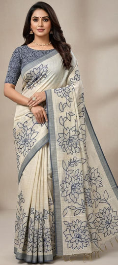 Blue, White and Off White color Saree in Cotton fabric with Weaving work