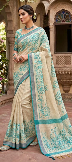 Blue, White and Off White color Saree in Cotton fabric with Weaving work