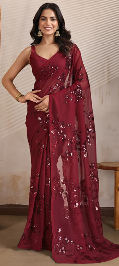 Red and Maroon color Saree in Georgette fabric with Sequence work