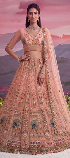 Pink and Majenta color Lehenga in Net fabric with Bugle Beads, Cut Dana, Embroidered, Sequence work