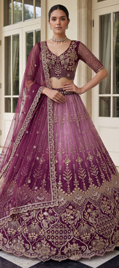 Purple and Violet color Lehenga in Net fabric with Embroidered, Sequence work