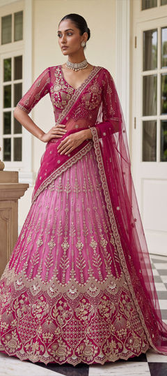 Pink and Majenta color Lehenga in Net fabric with Embroidered, Sequence work