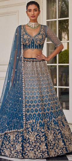 Blue color Lehenga in Net fabric with Cut Dana, Sequence, Thread work