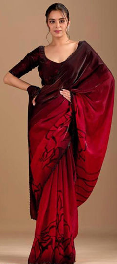Red and Maroon color Saree in Silk fabric with Border, Floral, Zircon work