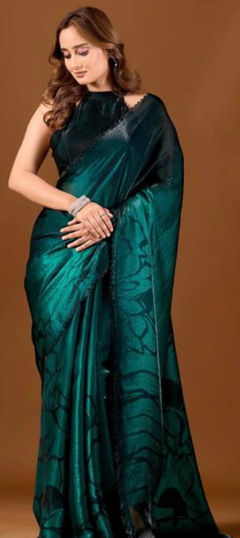 Green color Saree in Silk fabric with Border, Floral, Zircon work