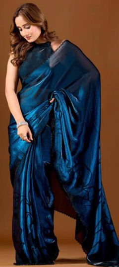 Blue color Saree in Silk fabric with Border, Floral, Zircon work