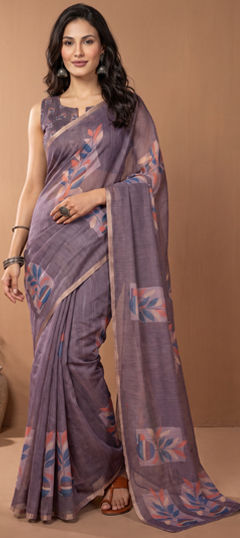 Beige and Brown color Saree in Linen fabric with Digital Print work