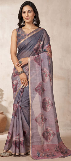 Black and Grey color Saree in Linen fabric with Digital Print work