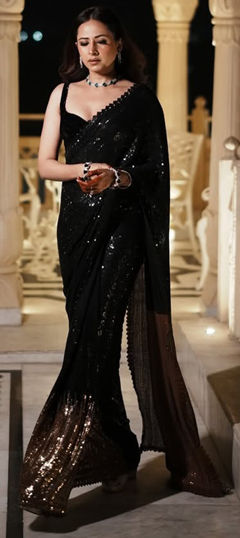 Black and Grey color Saree in Georgette fabric with Embroidered, Sequence work