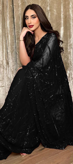 Black and Grey color Saree in Georgette fabric with Sequence work