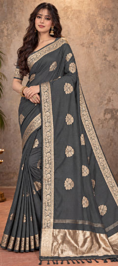 Black and Grey color Saree in Cotton fabric with Weaving work