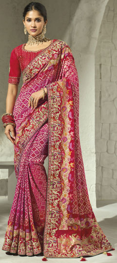 Pink and Majenta color Saree in Georgette fabric with Bandhej, Border, Cut Dana, Mirror, Moti, Thread, Zari work
