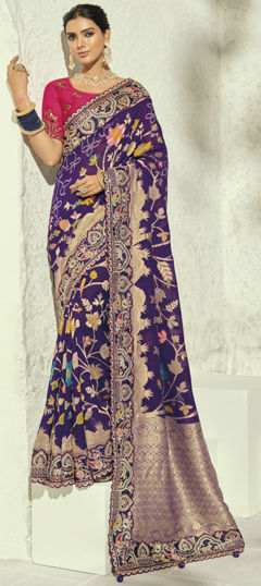 Purple and Violet color Saree in Georgette fabric with Bandhej, Border, Cut Dana, Mirror, Moti, Thread, Zari work