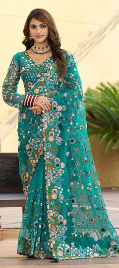 Blue color Saree in Net fabric with Embroidered, Sequence work