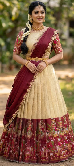 Red and Maroon, White and Off White color Lehenga in Silk fabric with Embroidered, Printed work