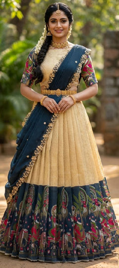 Blue, White and Off White color Lehenga in Silk fabric with Embroidered, Printed work