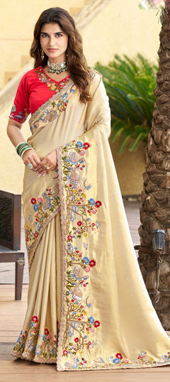 Beige and Brown, Red and Maroon color Saree in Silk fabric with Bugle Beads, Embroidered, Sequence, Thread work