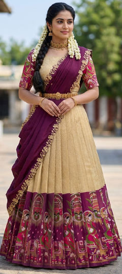 Purple and Violet, White and Off White color Lehenga in Silk fabric with Embroidered, Printed work