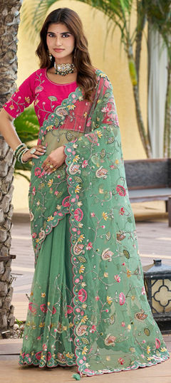 Blue, Pink and Majenta color Saree in Net fabric with Bugle Beads, Embroidered, Sequence, Thread work