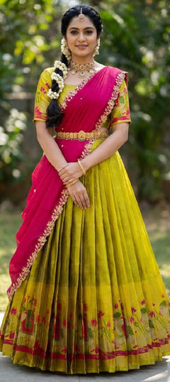 Pink and Majenta, Yellow color Lehenga in Silk fabric with Weaving work